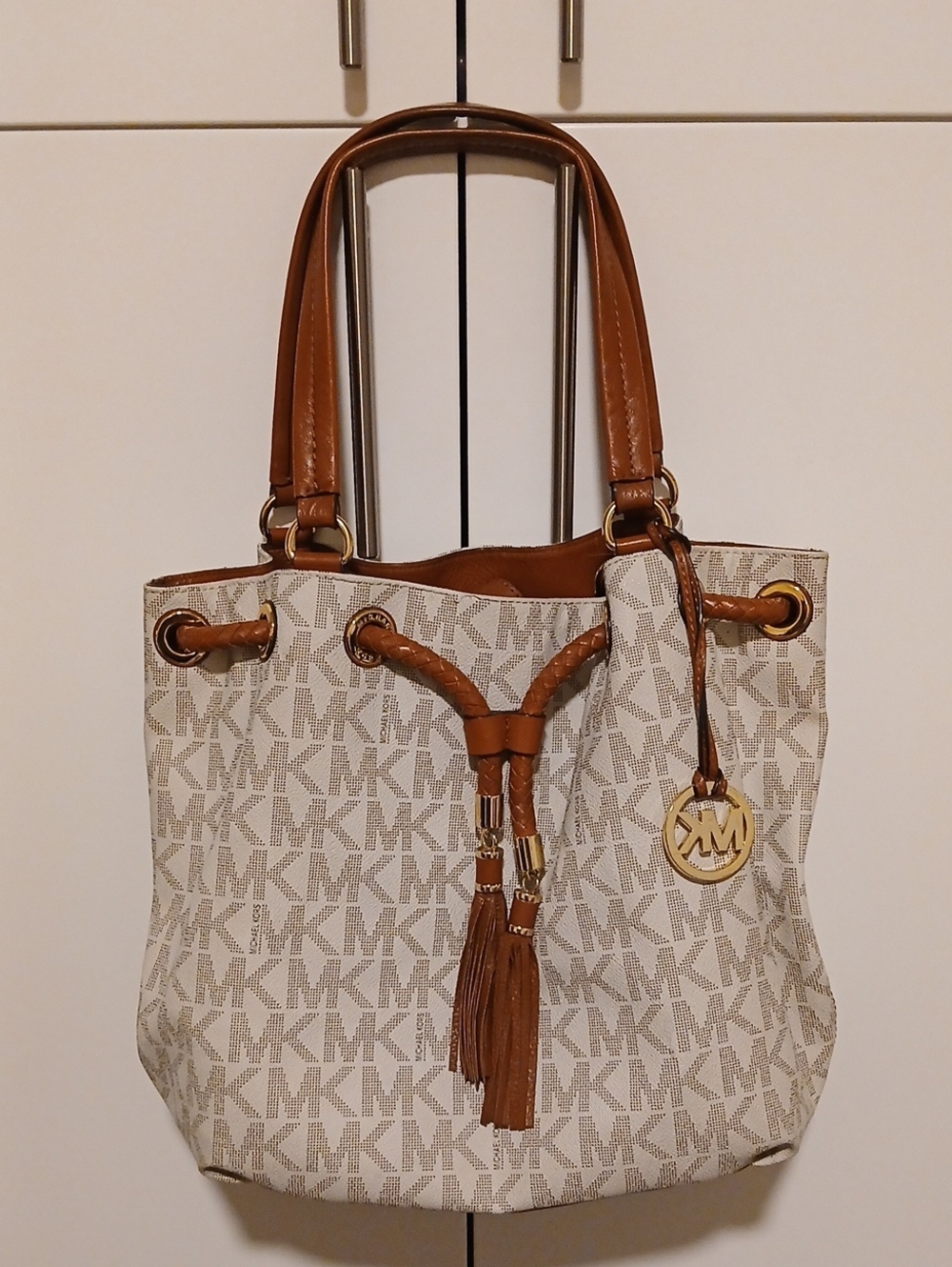 Michael Kors Beige Logo Tote with Brown Leather Trim and Tassel
